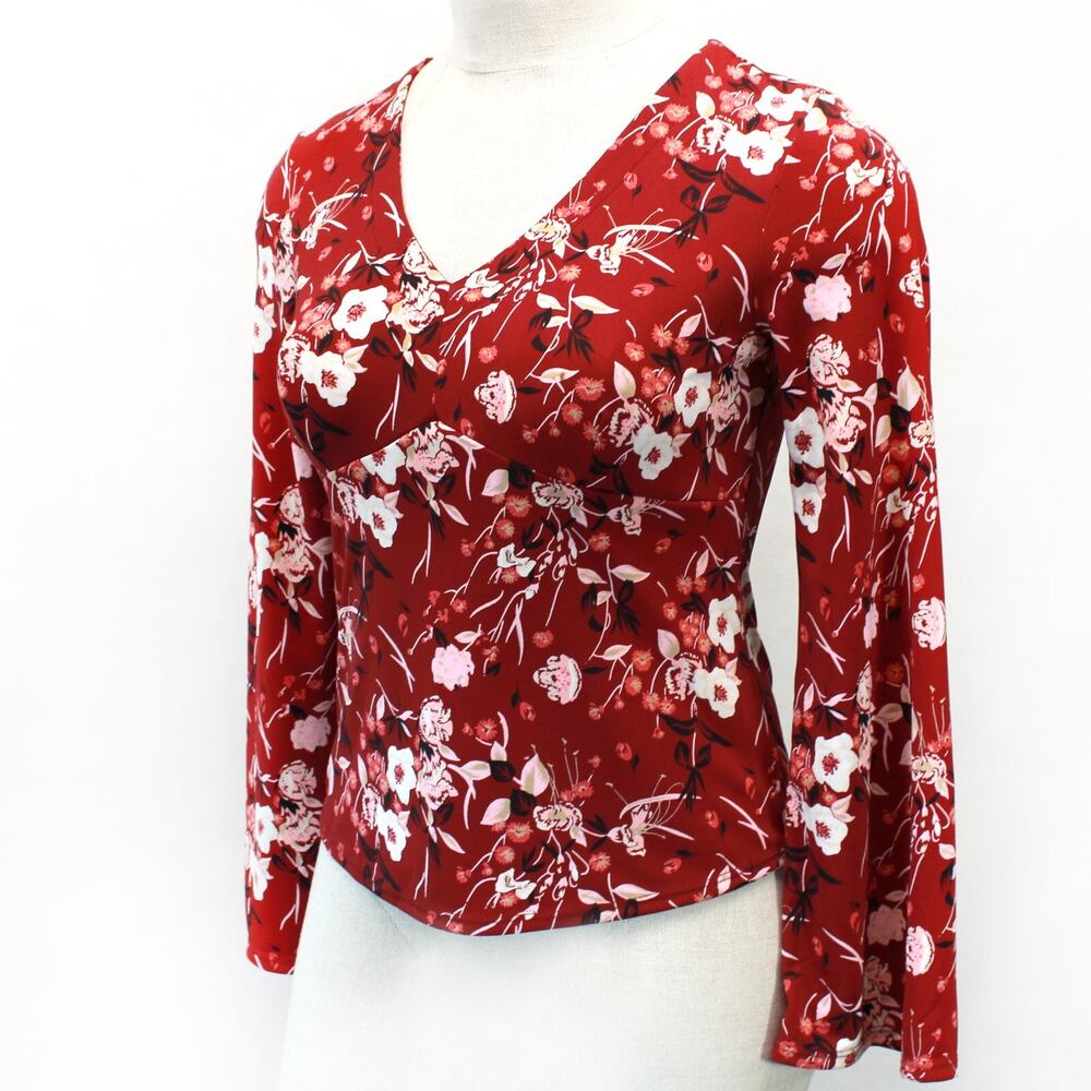 BCBG Y2K empire waist flare sleeves whimsical floral print blouse top Large